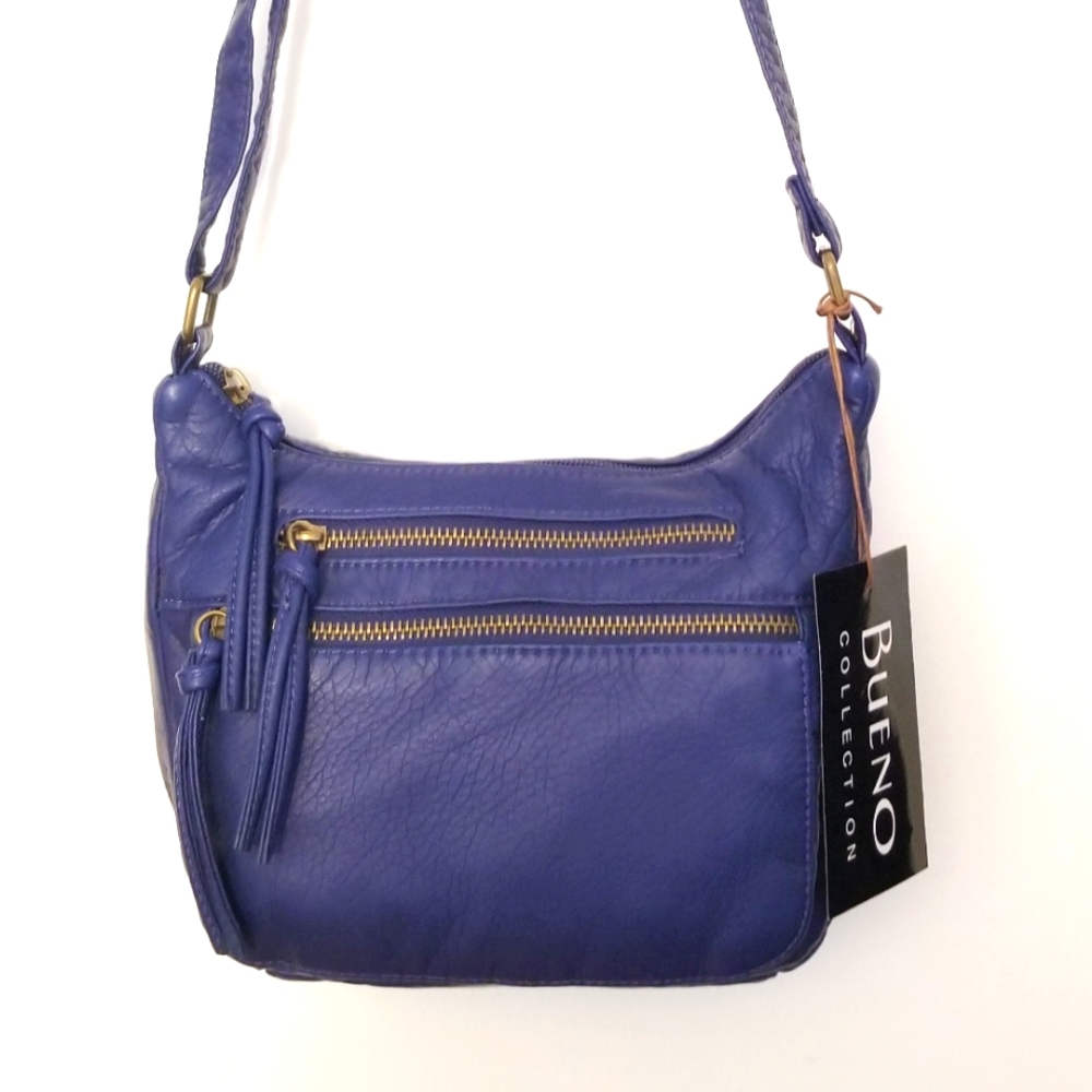 Faux leather blue purse, shoulder/crossbody, NEW, many zippered pockets.